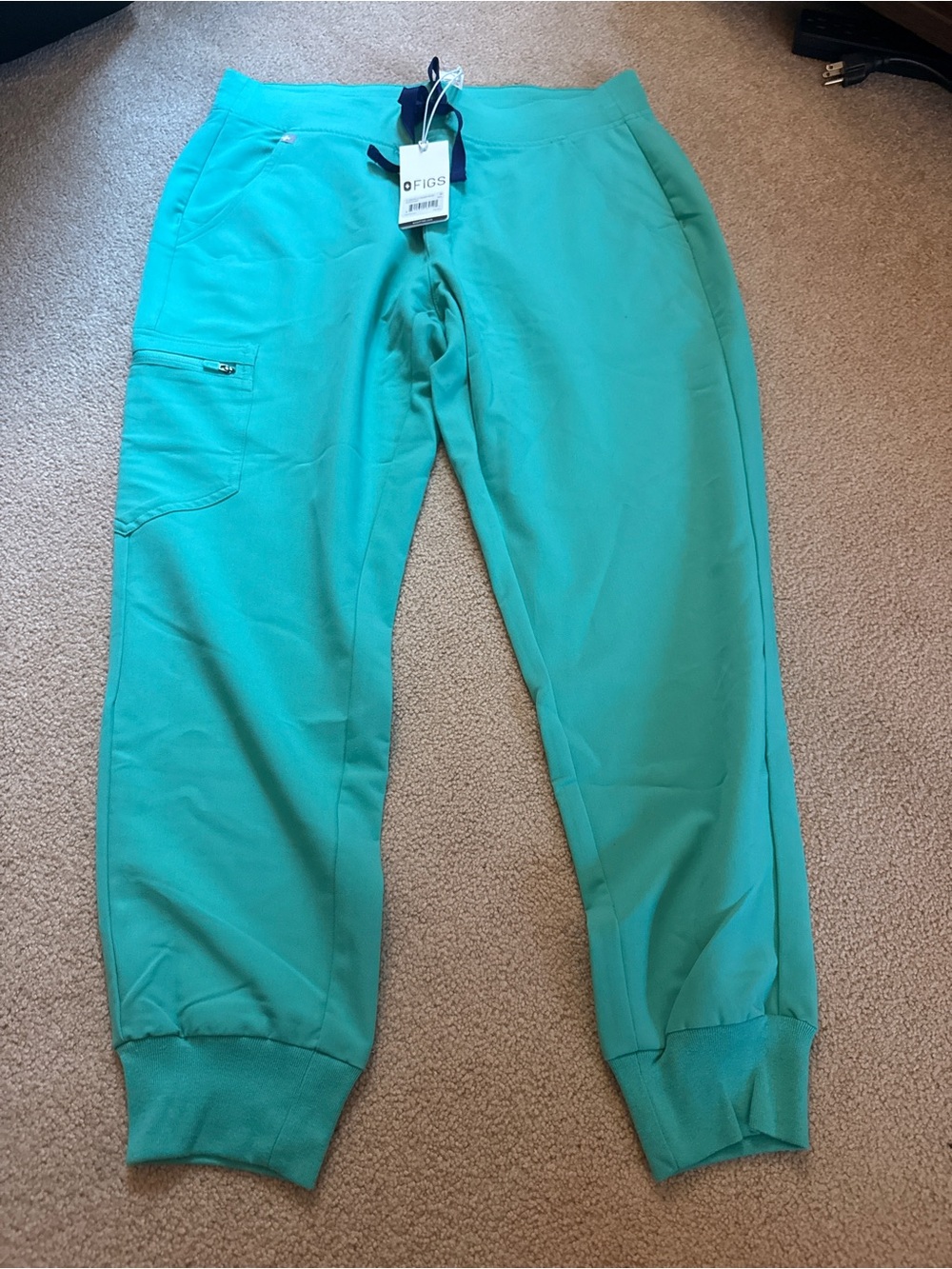 FIGS Scrub Jogger Pants in Teal with Navy Drawstring